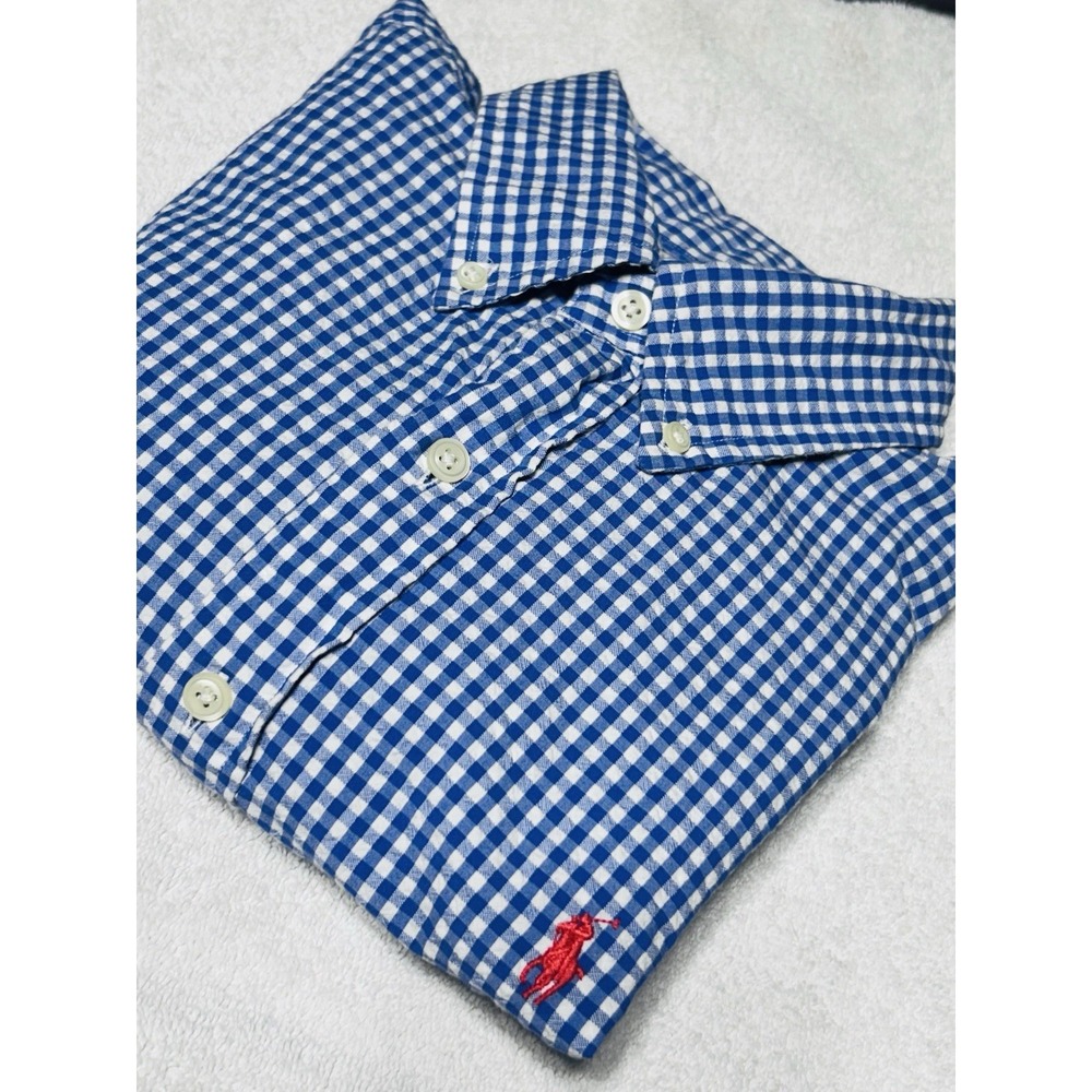 Ralph Lauren Men's M Blue White Cotton Gingham Seersucker Short Sleeve Perfect